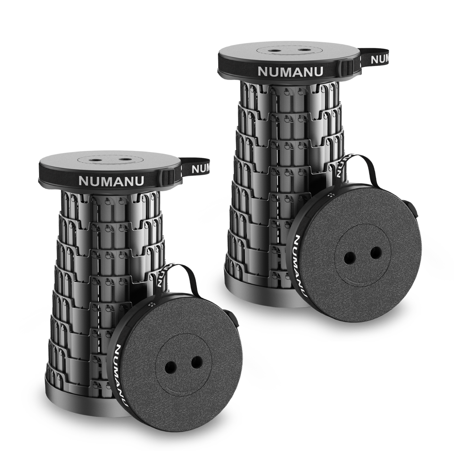 Fully collapsed stool in hand for size reference