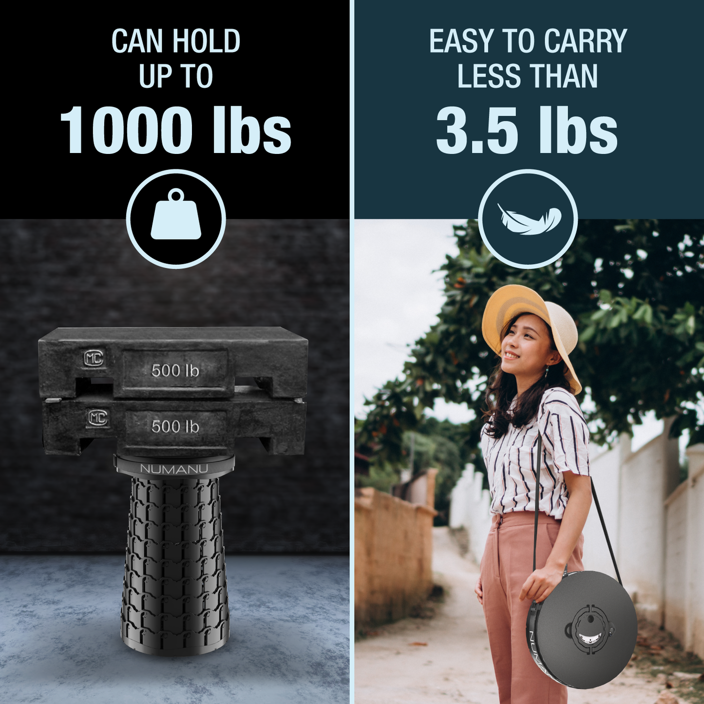 Compact stool folded into bag next to travel gear