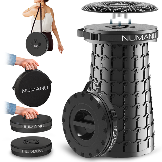 Stool hanging inside bag to show compact storage