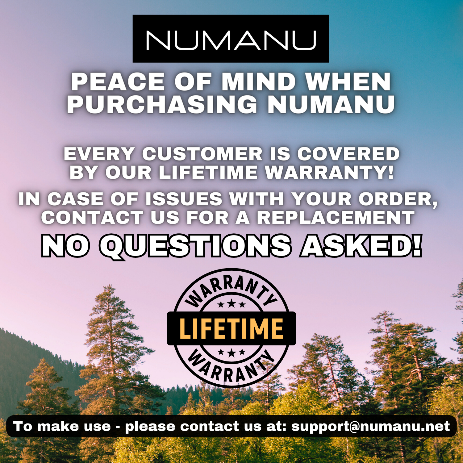 Numanu Lifetime Warranty graphic for TikTok promotion